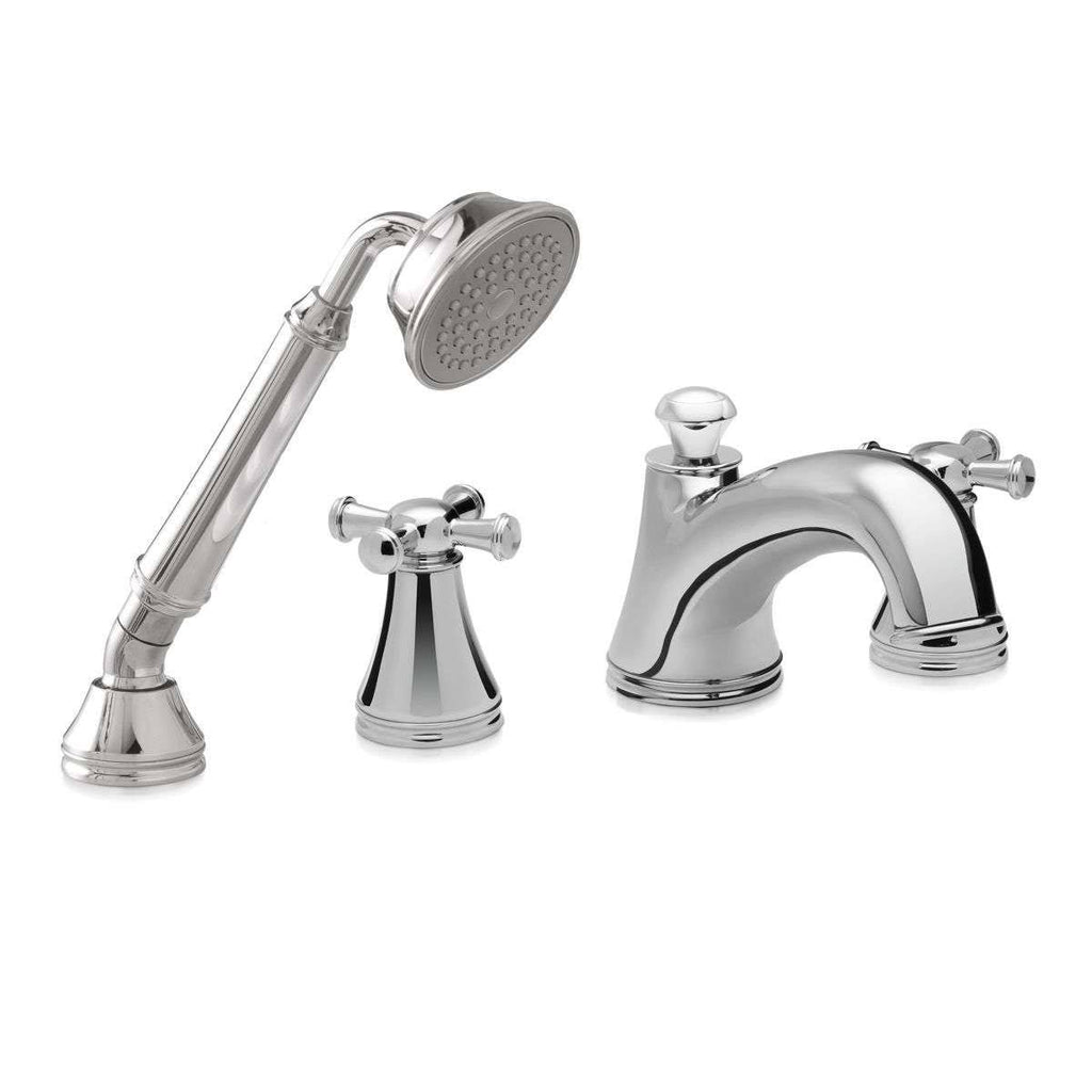 Brushed Nickel Deck-Mount Tub Filler Trim with Cross Handles and Handshower I553