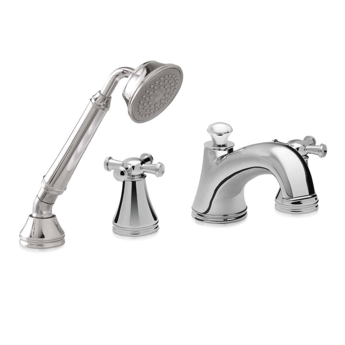 Brushed Nickel Deck-Mount Tub Filler Trim with Cross Handles and Handshower I553