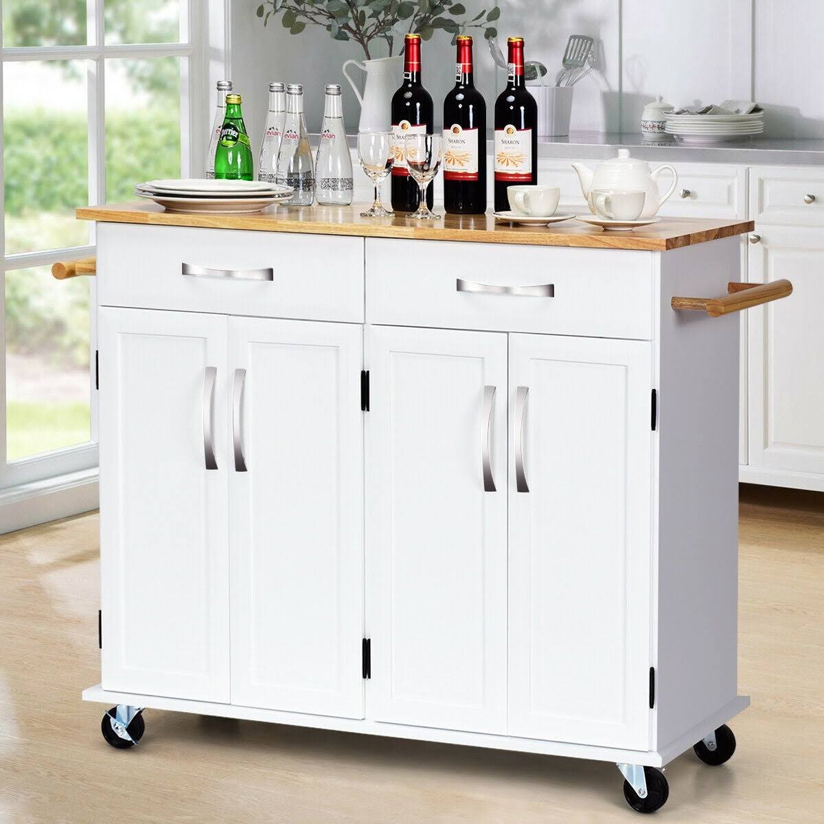 White Wood Top Rolling Kitchen Utility Cart F529