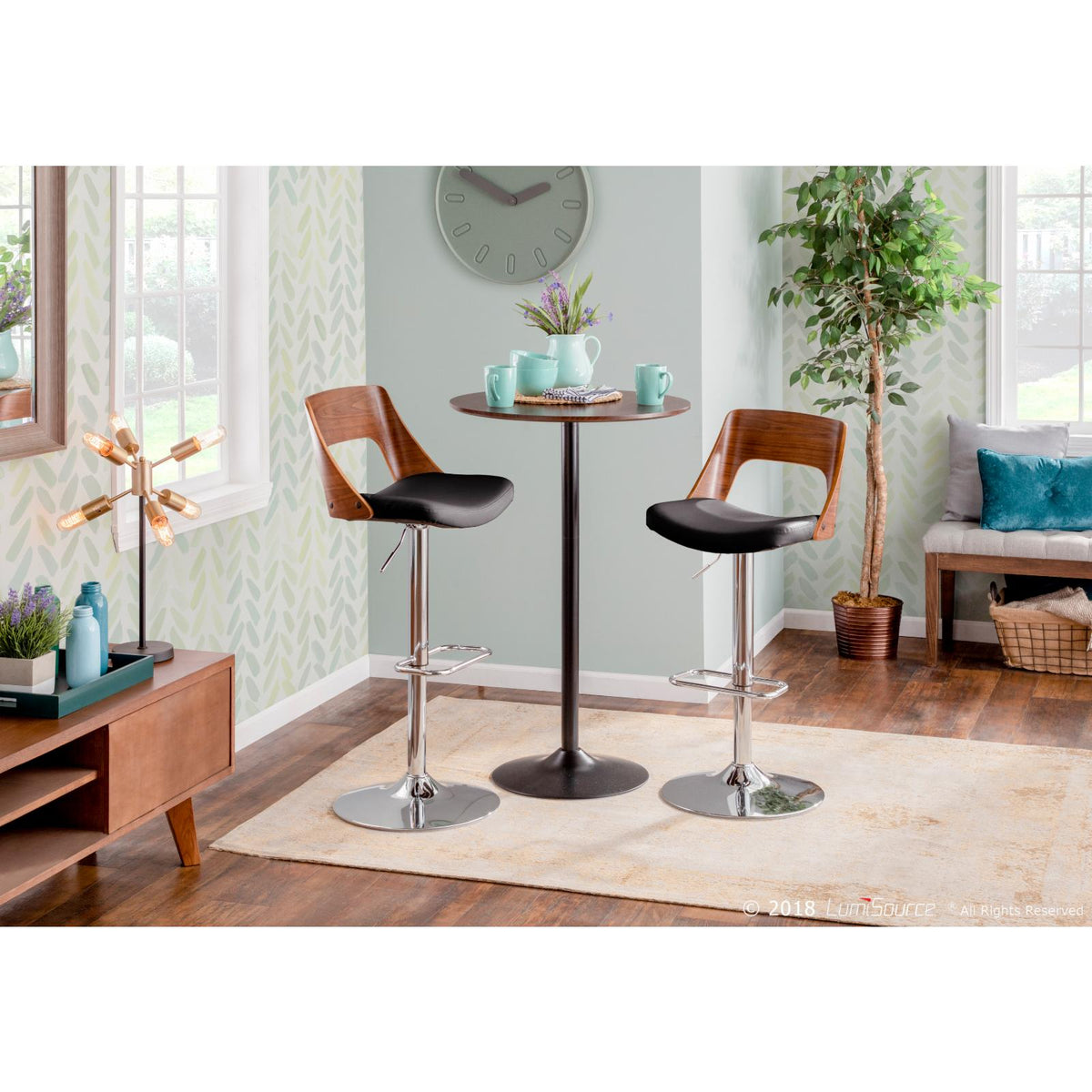 Adjustable Swivel Barstool in Chrome, Walnut and Black Faux Leather - Set Of 2 R9793