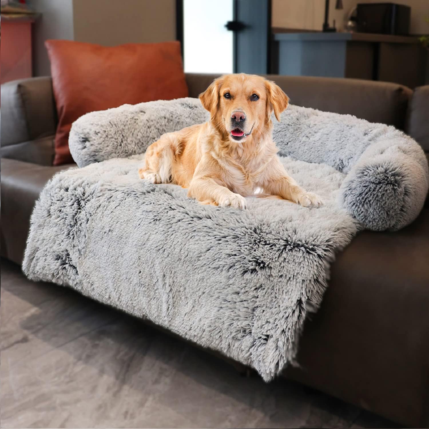 Dark Grey Large Plush Dog Sofa with Neck Bolster Q913294