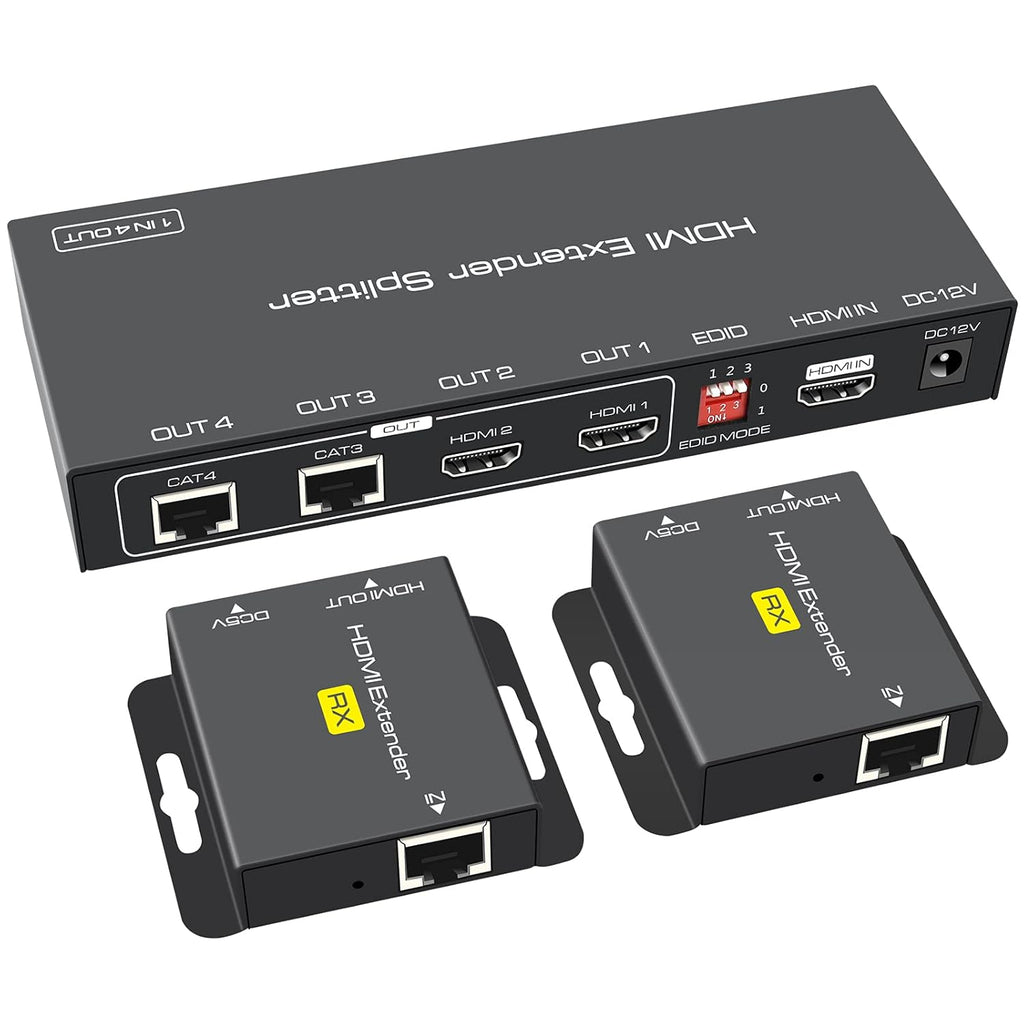 HDMI Extender Splitter 1 in 2 Out Over Cat5e/6/7 with Two Loop-Out Local Display, 1080p, Pack of 2 H42777