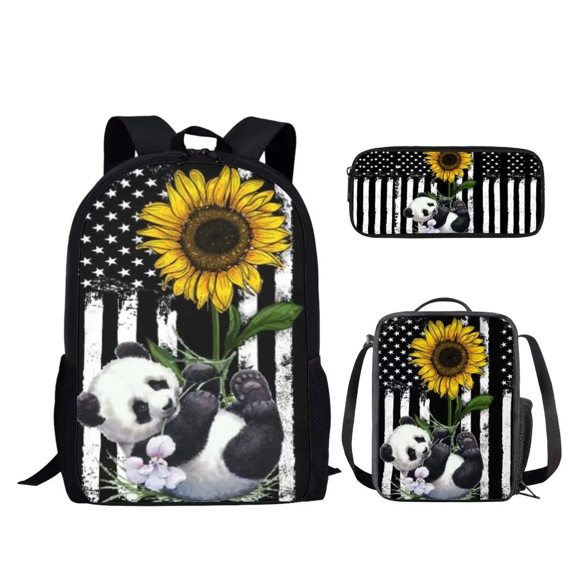 Sunflower Panda Kids Bookbag 3 Pieces Set with Thermal Lunch Bag and Pen Pouch Q16575