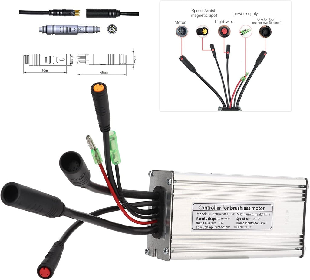 Motor Brushless Controller, 36V/48V 22A Waterproof Sine Wave Motor Controller for 500W Motor E-Bike G770010