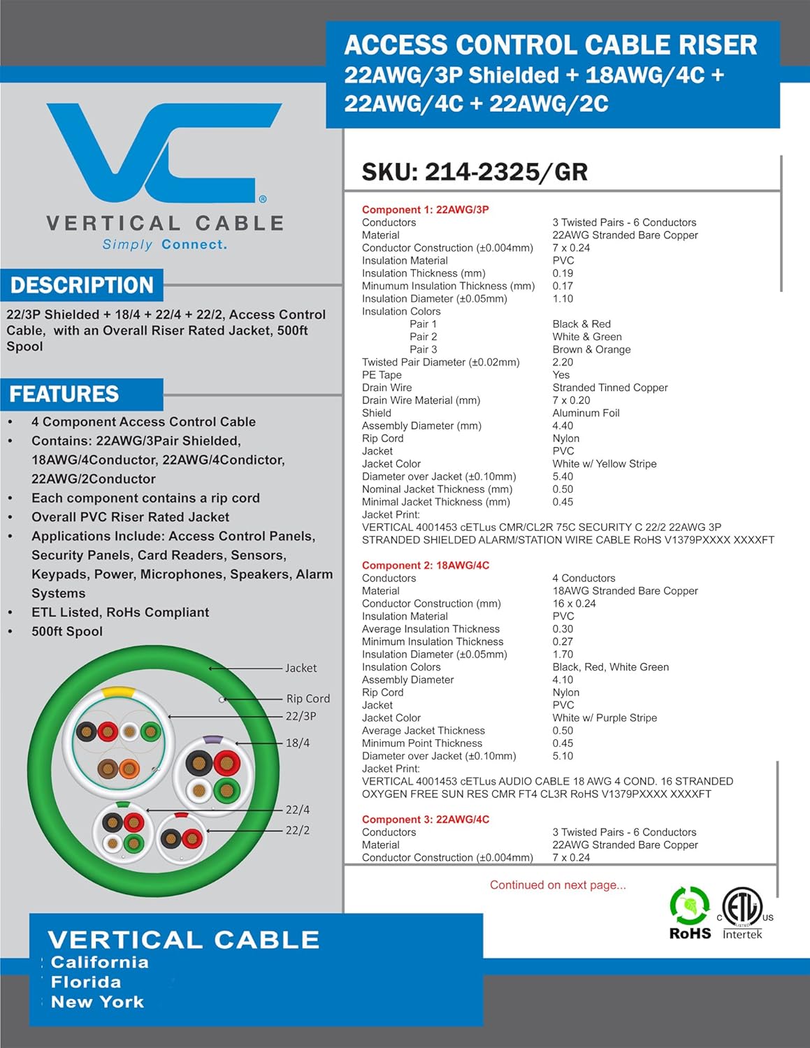 22AWG/3 Pair Shielded + 18AWG/4 Conductor + 22AWG/4 Conductor + 22AWG/2 Conductor Stranded Bare Copper Cable, Green, 500ft Spool E263961