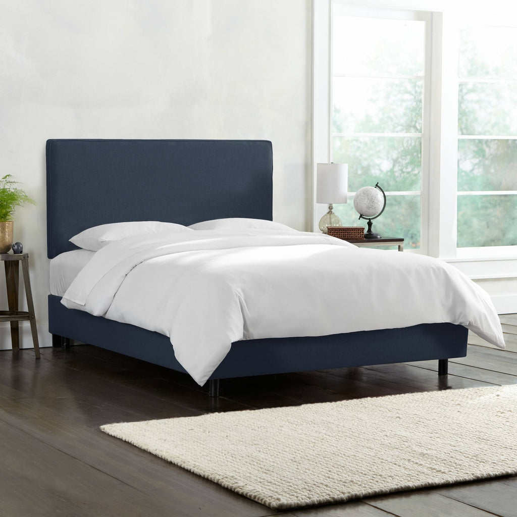 Navy Linen Queen Box Seam Bed O8107