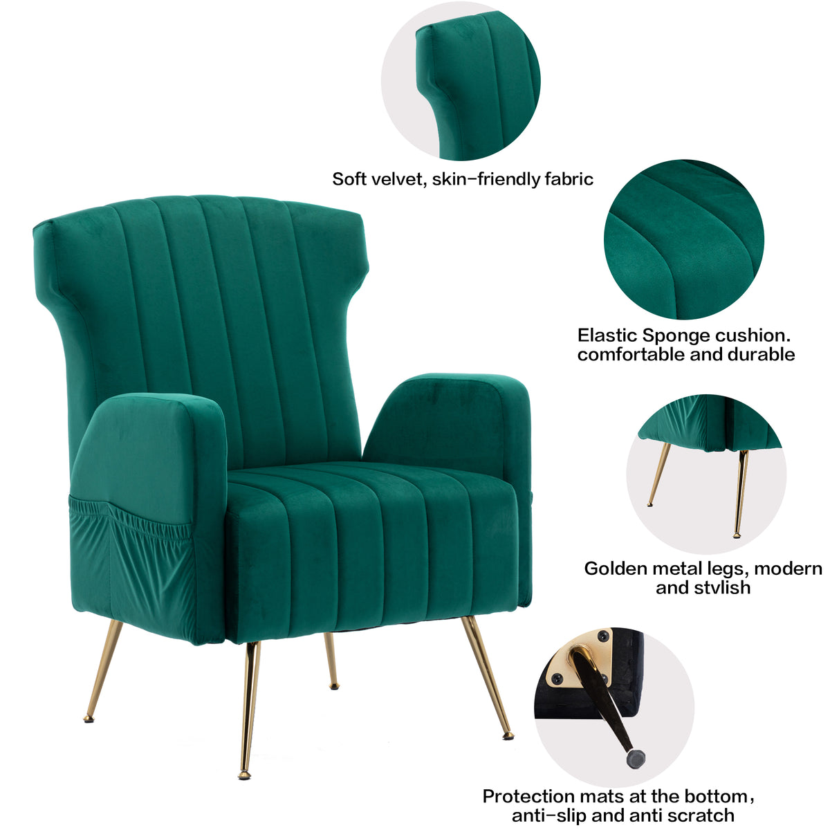 Green Velvet Wingback Accent Chair with Metal Legs J236