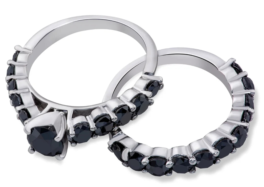 2 ct Black Diamond Engagement & Wedding Ring Set 14K White Gold C12946