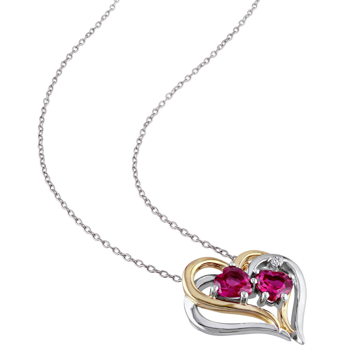 18 in. Created Ruby & Diamond Accent Silver Double Heart Pendant with Chain V873