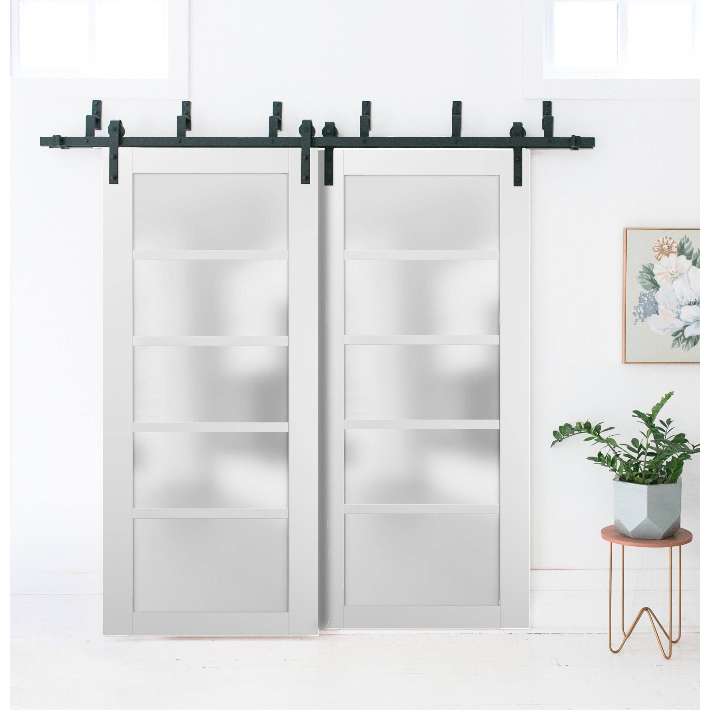 84 in. x 96 in. 3/4 Lite Frosted Glass Matte White Solid Wood Sliding Barn Door with Hardware Kit Z65449