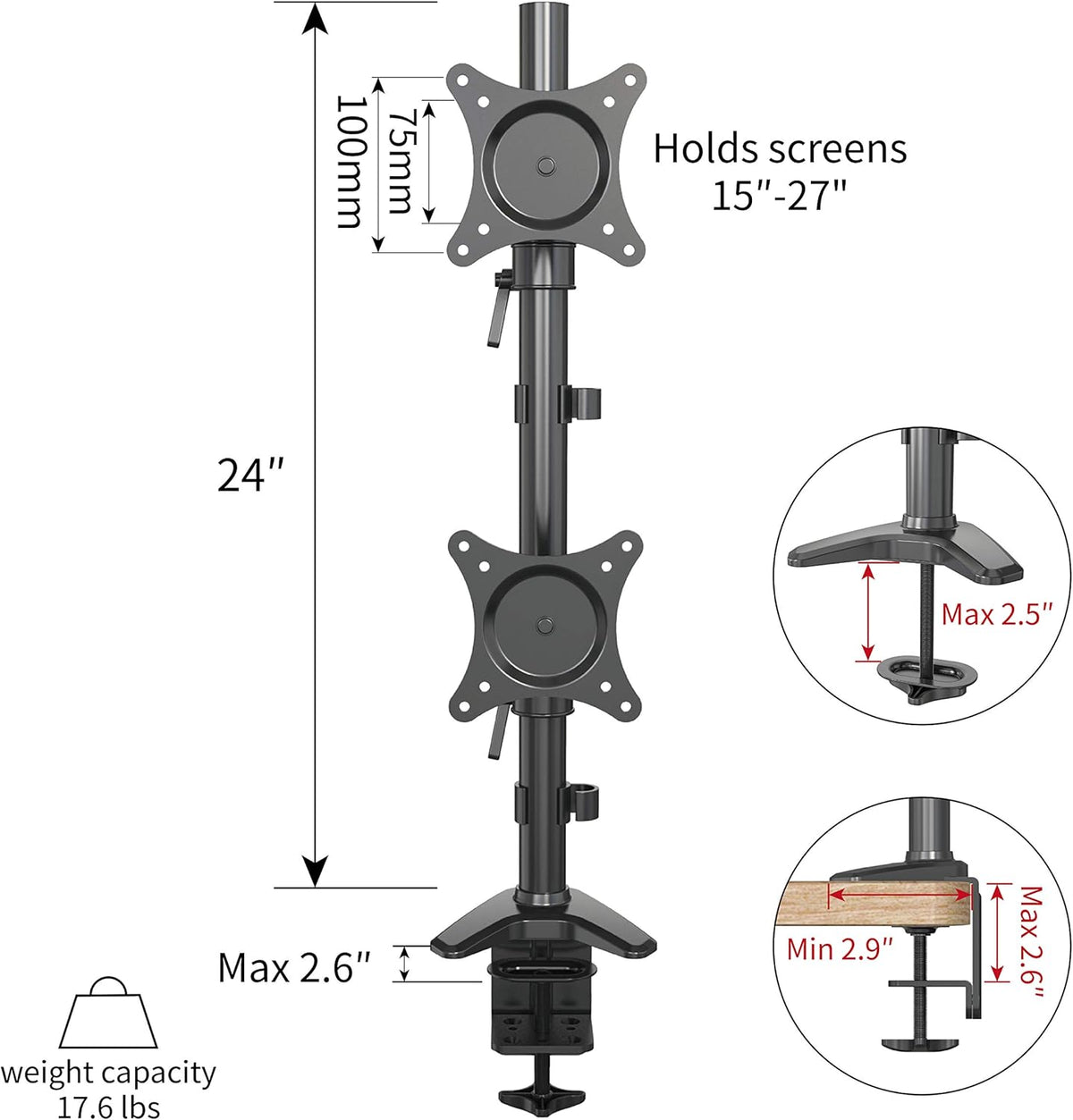 Vertical Dual Monitor Mount, Height Adjustable Heavy Duty C-Clamp and Grommet Mounting Base, VESA 75*75mm/100*100mm K80792