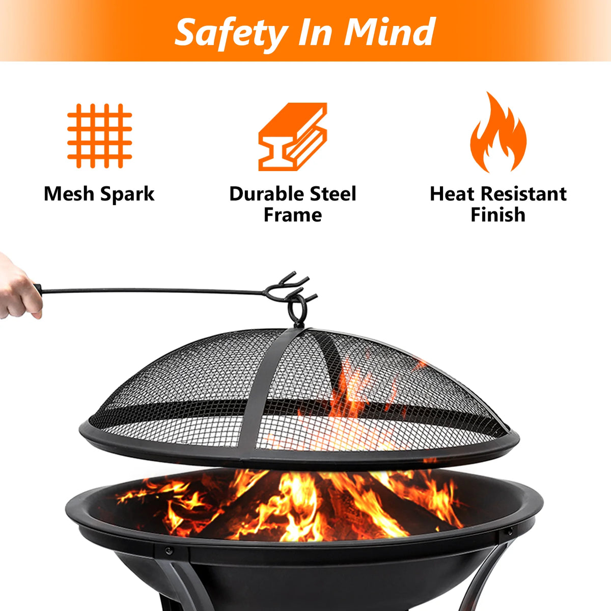 22 inch Portable Wood Burning Fire Pit Bowl with Spark Screen, Log Grate, Poker U2904
