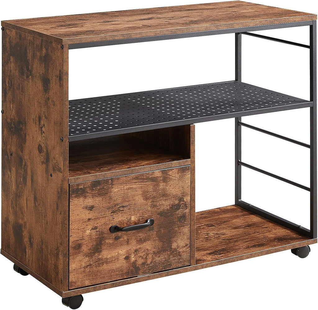 Industrial File Cabinet with Drawer, Printer Stand with Open Storage Shelves, Filing Cabinet with Wheels, Rustic Brown M750