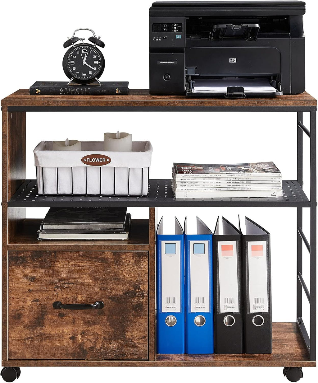 Industrial File Cabinet with Drawer, Printer Stand with Open Storage Shelves, Filing Cabinet with Wheels, Rustic Brown M750