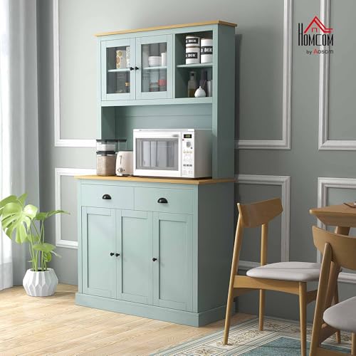 Light Blue Freestanding Pantry Cabinet with Glass Doors and Drawers S4206