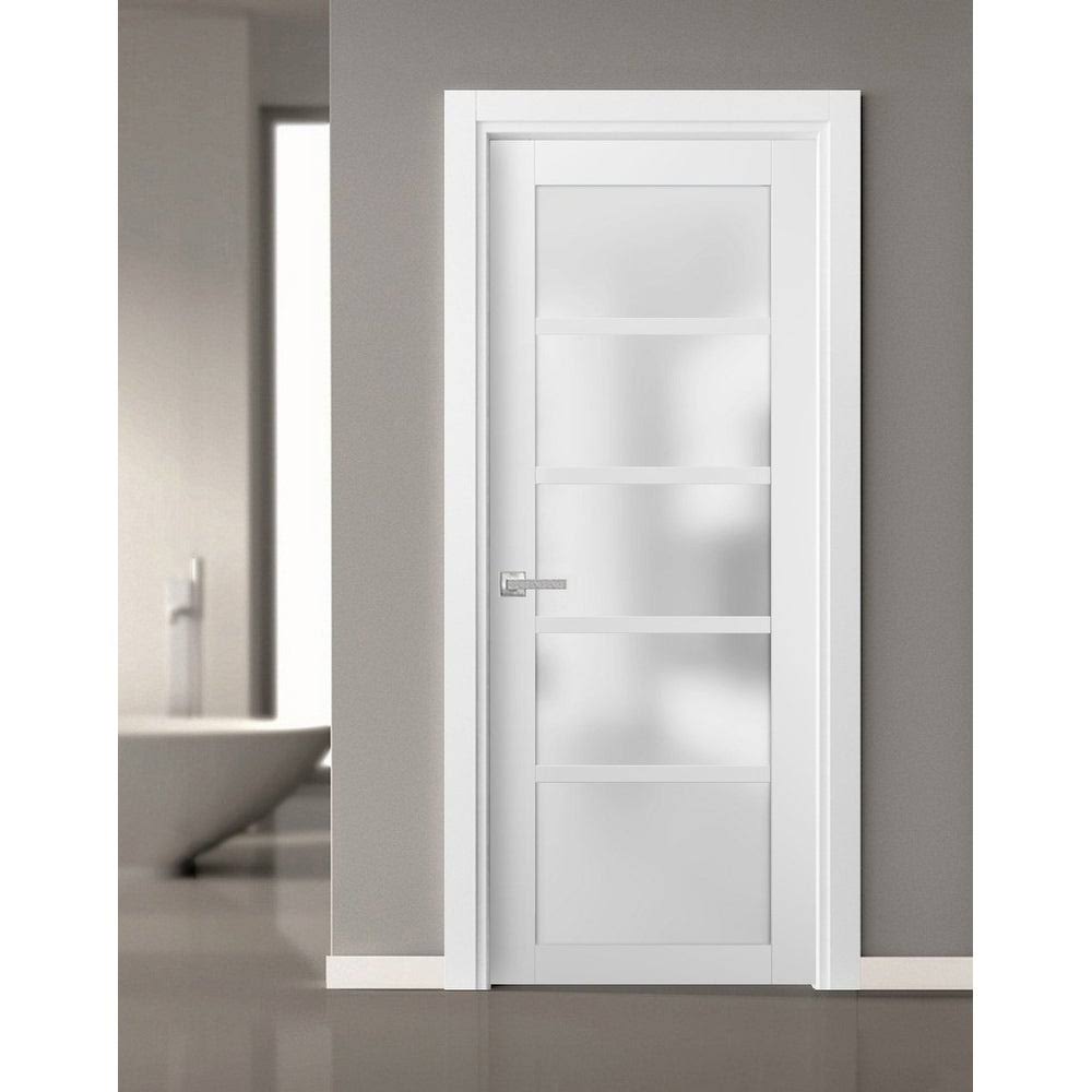 84 in. x 96 in. 3/4 Lite Frosted Glass Matte White Solid Wood Sliding Barn Door with Hardware Kit Z65449