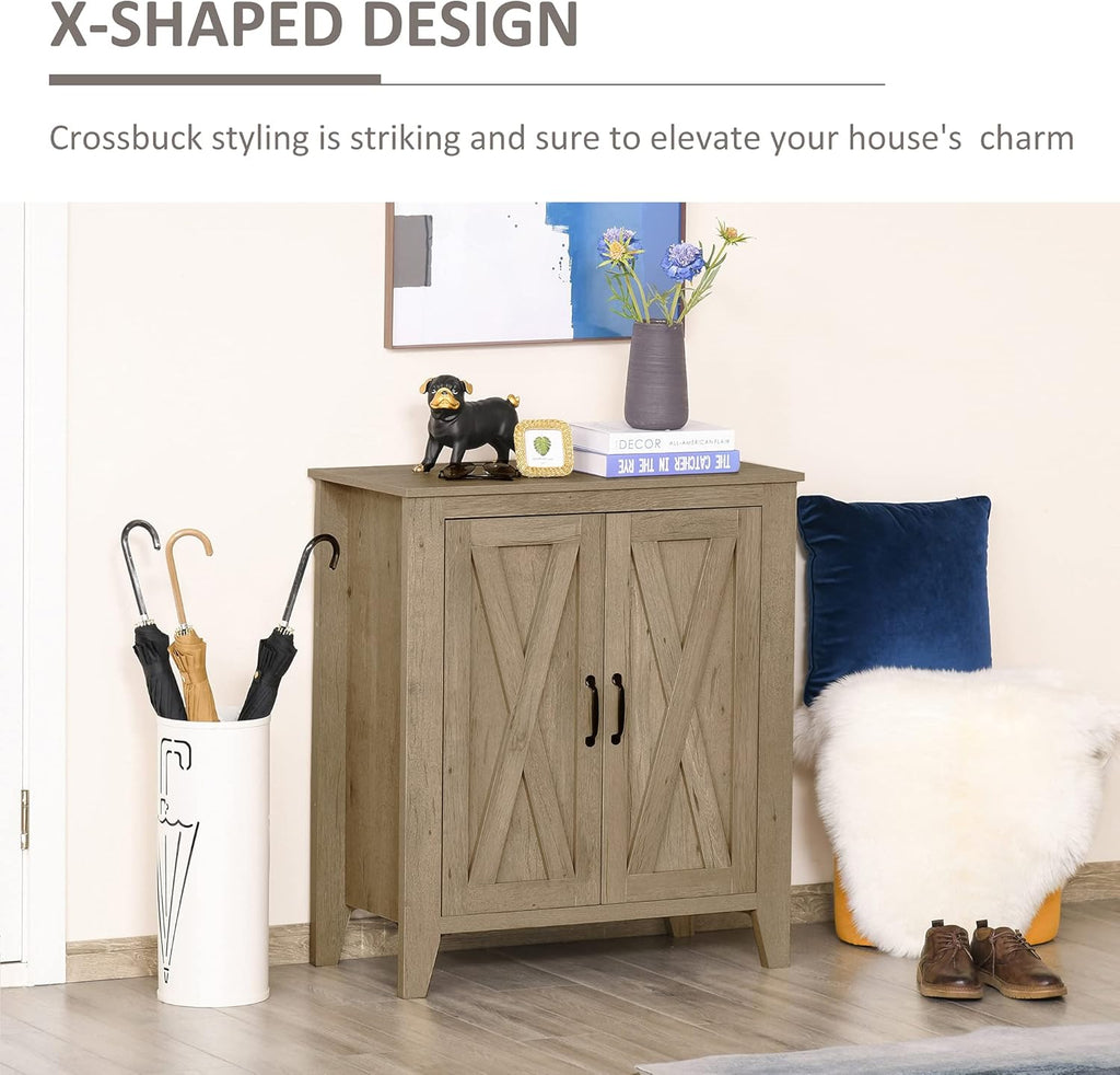 Rustic Oak Finish Sideboard Accent Storage Cabinet with Double Barn Doors and Fixed Shelf E595
