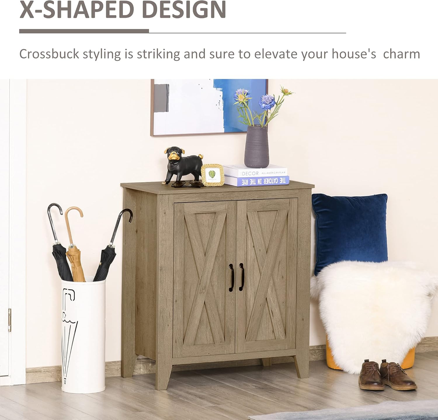 Rustic Oak Finish Sideboard Accent Storage Cabinet with Double Barn Doors and Fixed Shelf E595