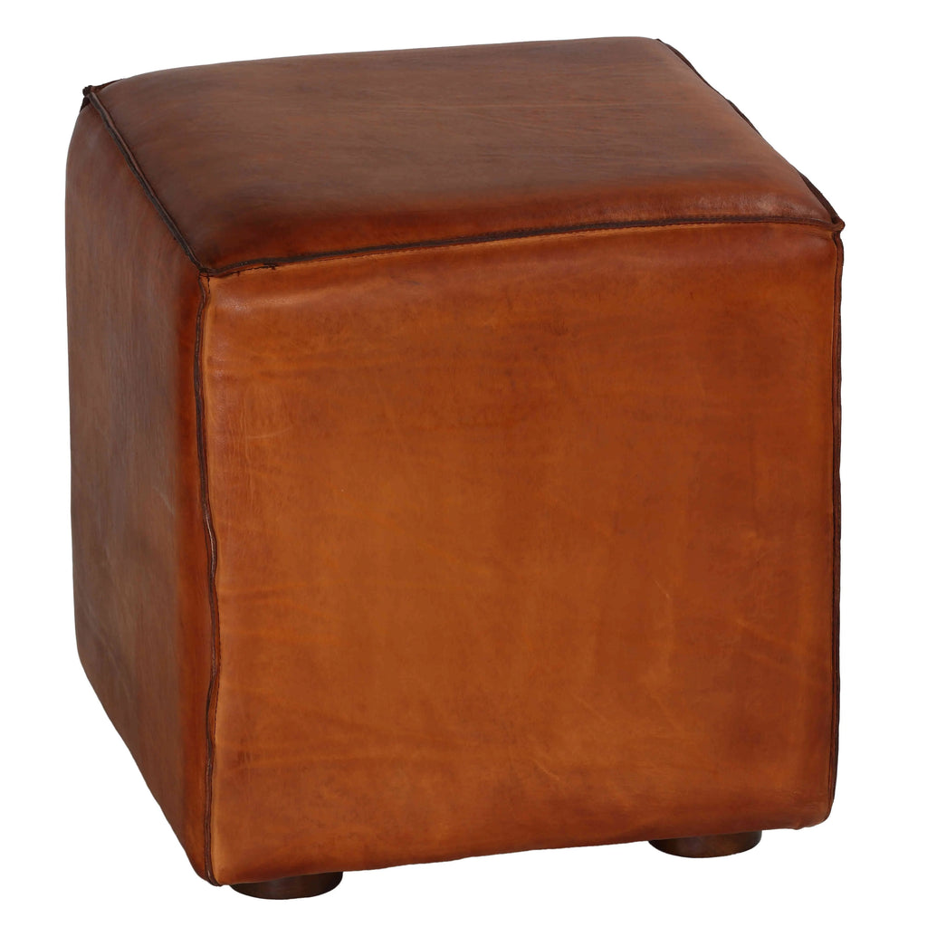 Saddle Brown Genuine Leather Cube Ottoman B61394