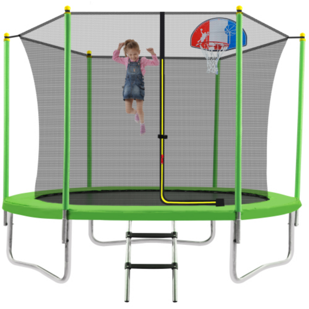 10FT Round Trampoline with Safety Enclosure Net, Basketball Hoop and Ladder F69819