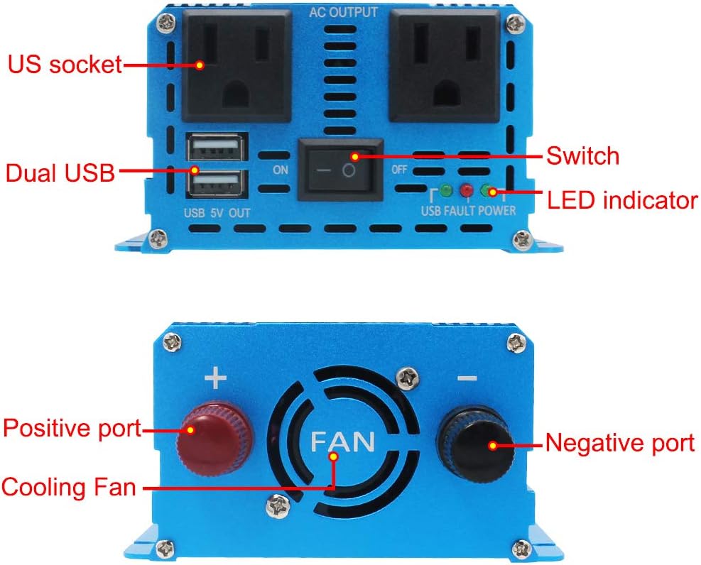 1000W Pure Sine Wave Power Inverter DC 12V to 110V AC Converter with Dual AC Outlets and Dual 3.1A USB Car Charger Z4824