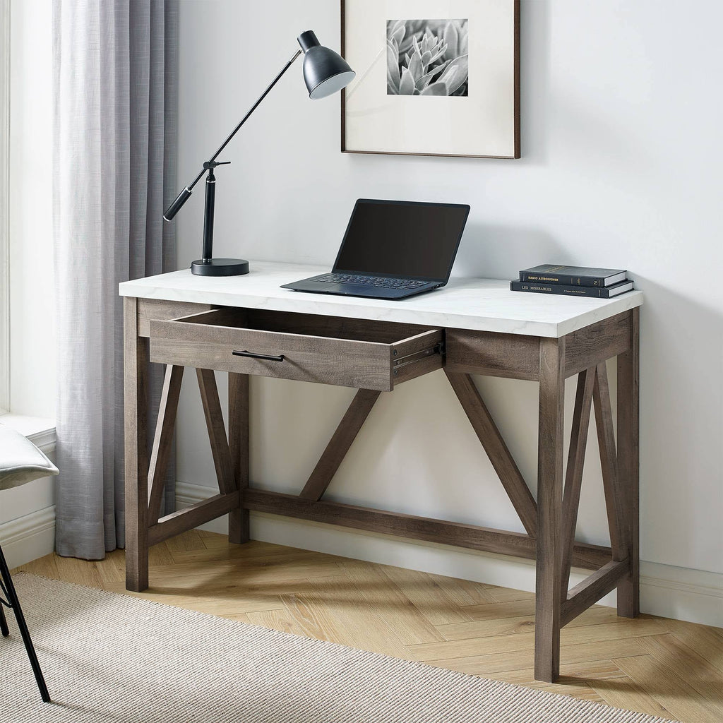 Gray Wash Faux White Marble 1 Drawer Writing Desk Y174650
