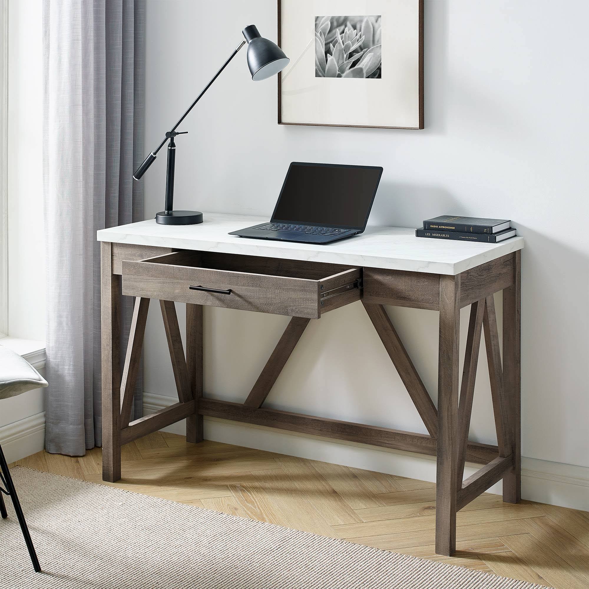 Gray Wash Faux White Marble 1 Drawer Writing Desk Y174650