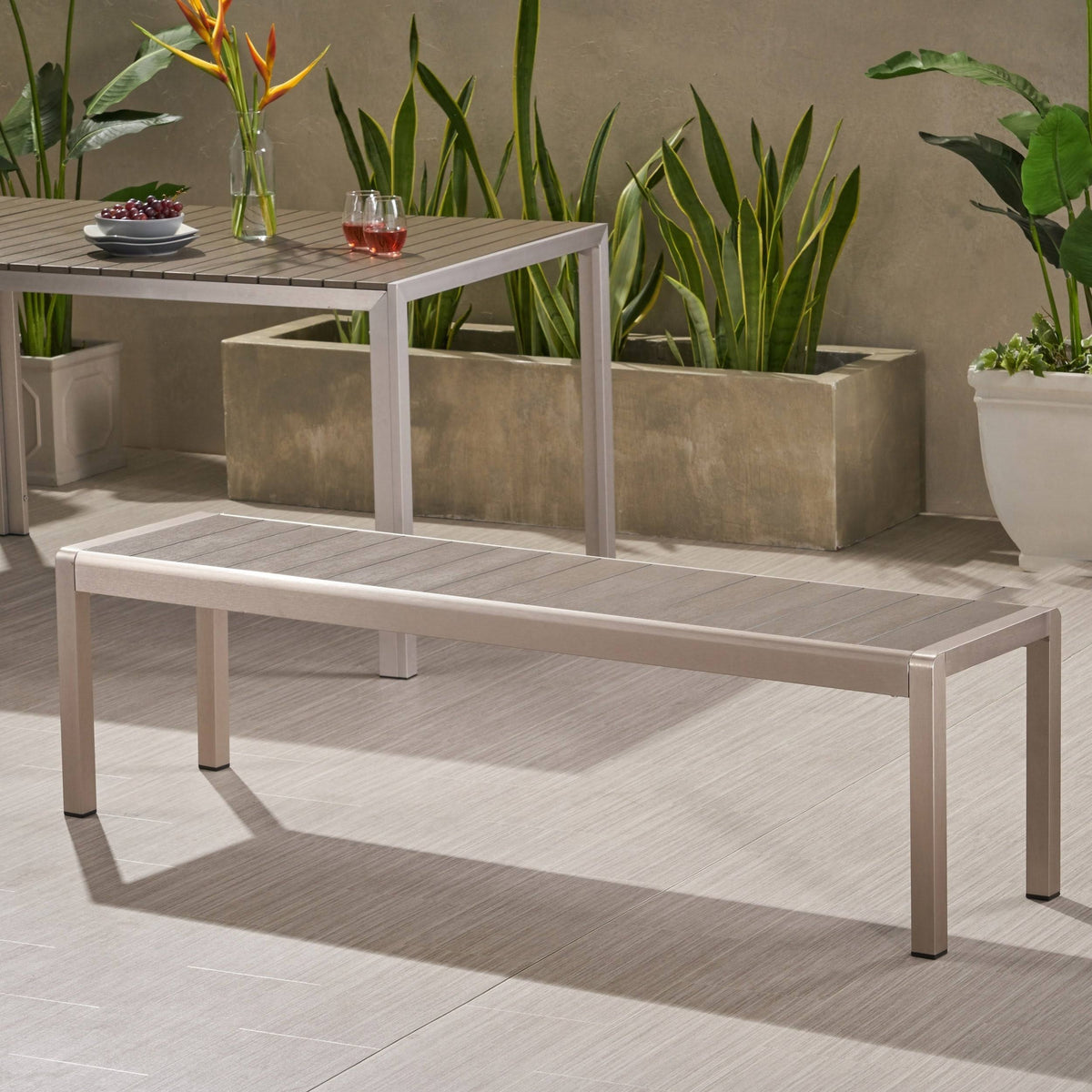 Gray Aluminum Dining Bench with Faux Wood Seat M230973