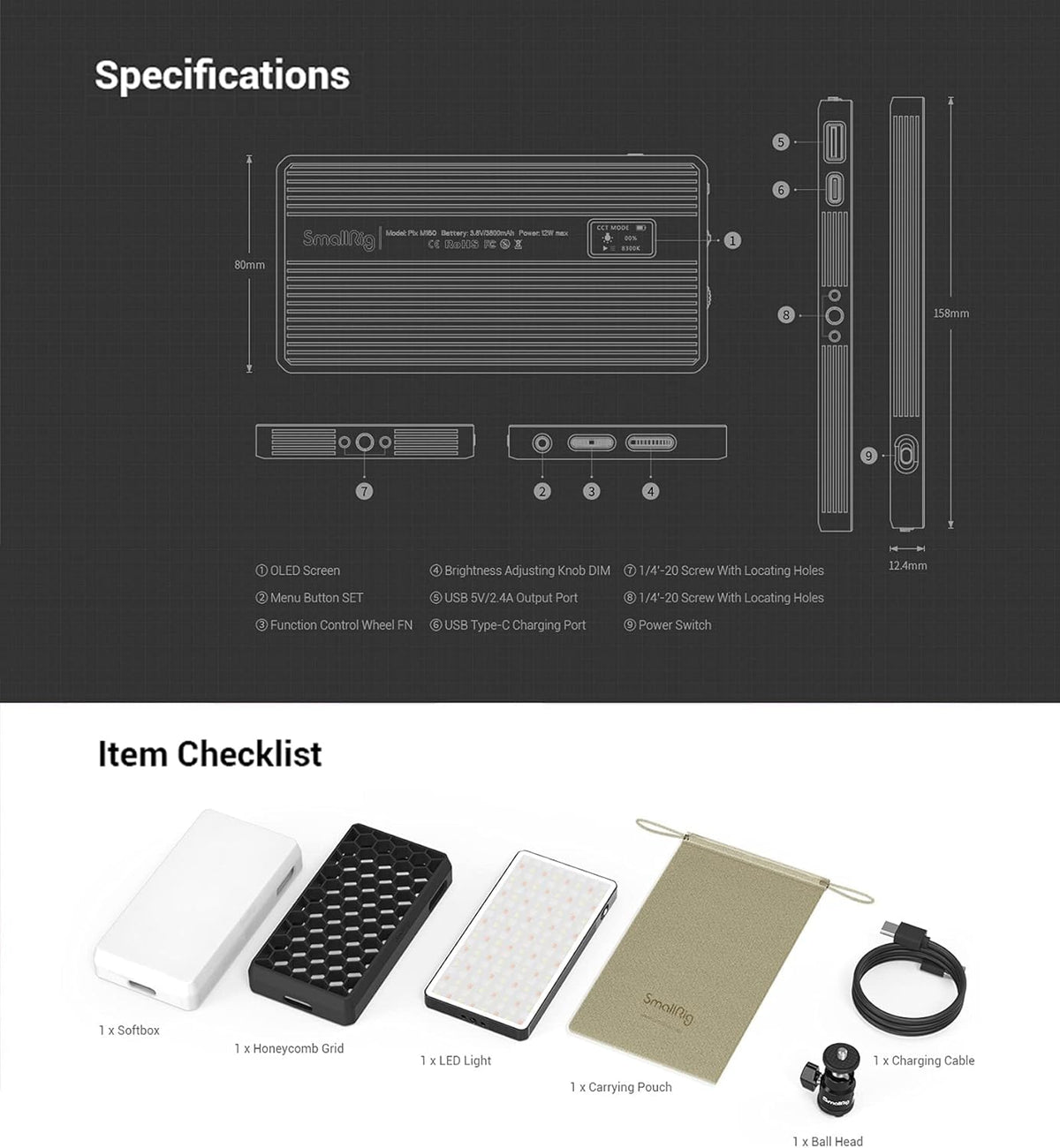 RGBWW Video Light with 3800mAh Battery, CRI 95+, Aluminum Body F8077