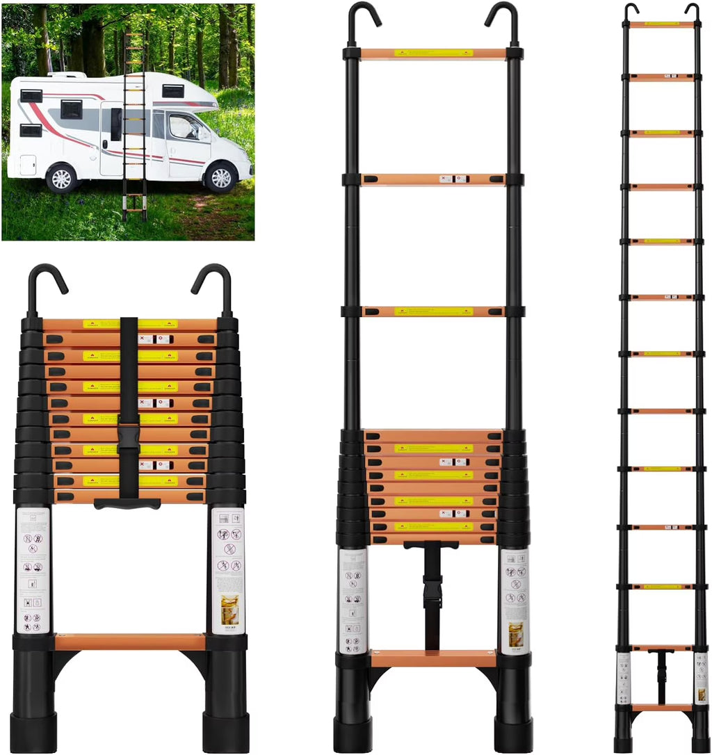 12.5FT Aluminum Telescoping Extension Ladder with Hooks & Stabilizers K285288