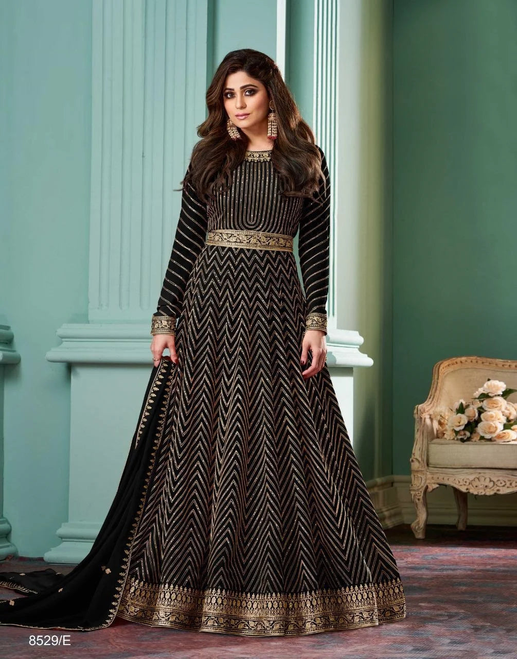 Black Georgette Sequin Anarkali Wedding Dress K486