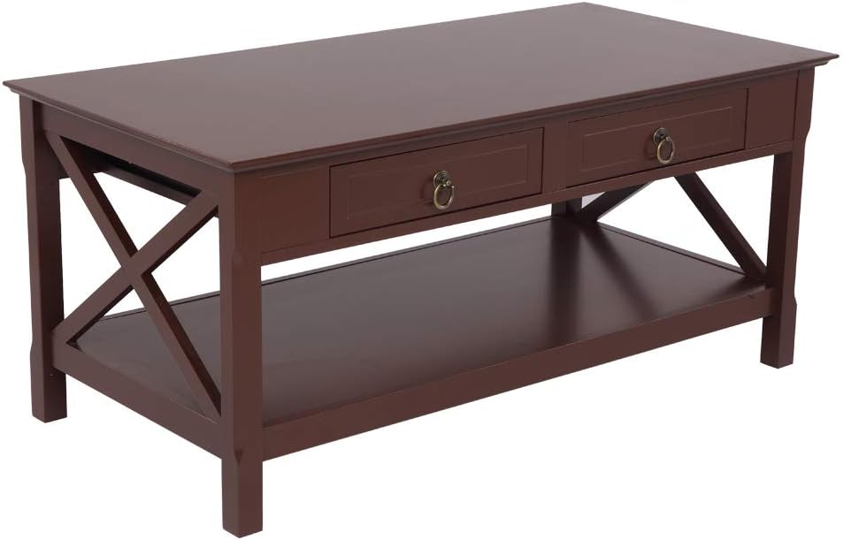Retro Cocktail Table Coffee, Solid Wood Coffee Table with Caster Wheels and Drawer, 1 Shelf, Wood Movable Rectangle Coffee Table D855250