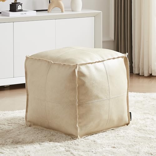Orange Brown 17.7" Square Faux PU Leather Pouf Ottoman W165248
