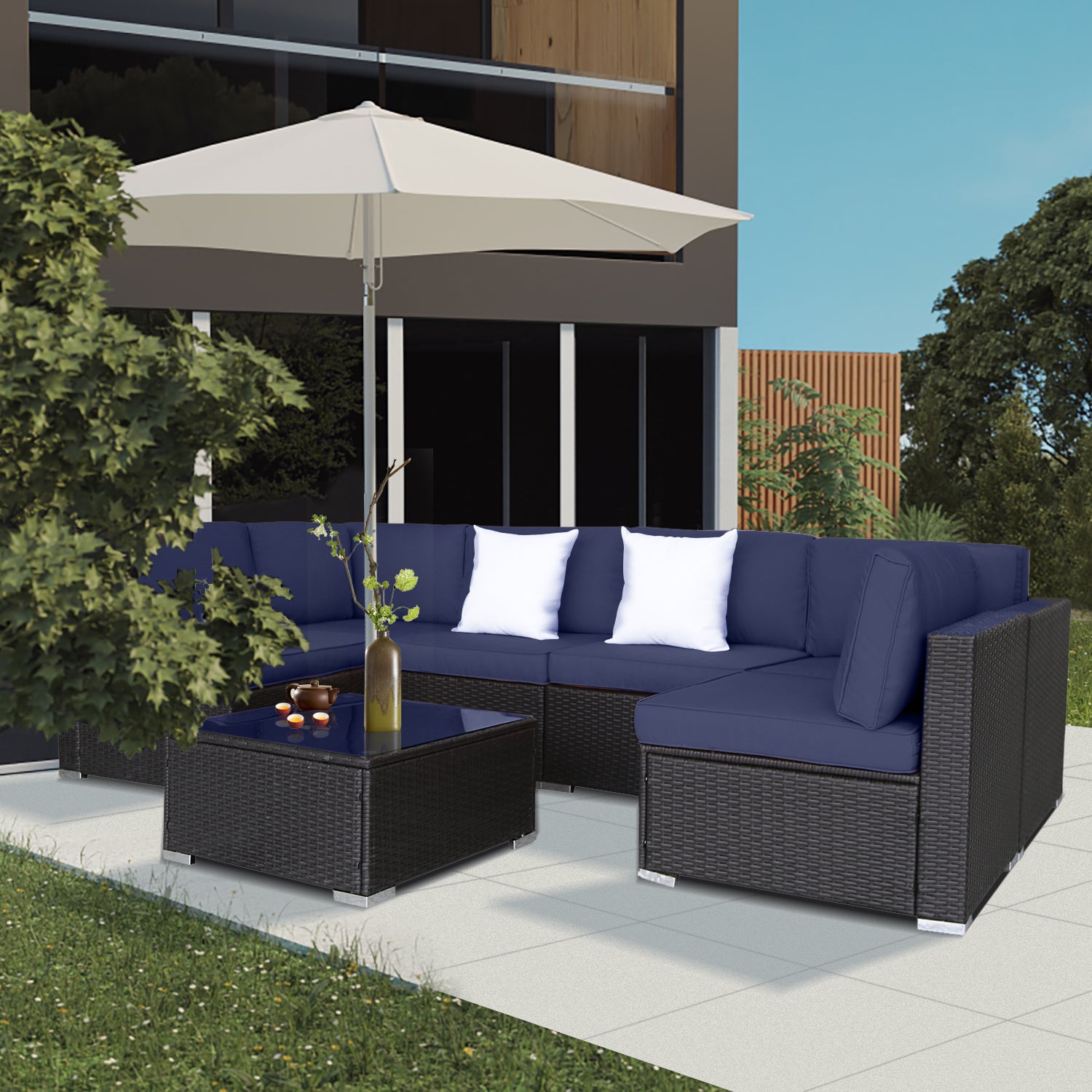 Blue PE Rattan Sofa Set of 7 with Cushions U325768