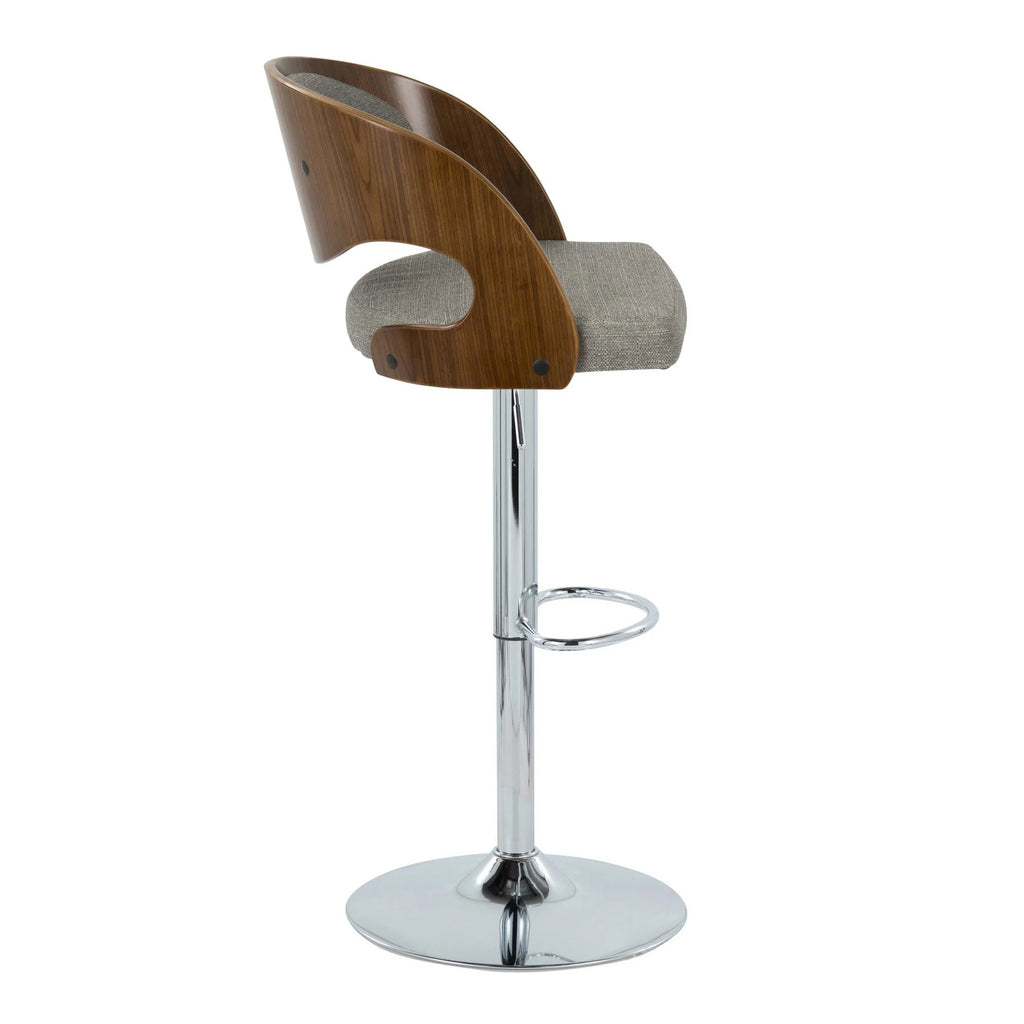 Chrome Metal Walnut Wood Grey Fabric Adjustable Swivel Barstool Set of 2 Q901