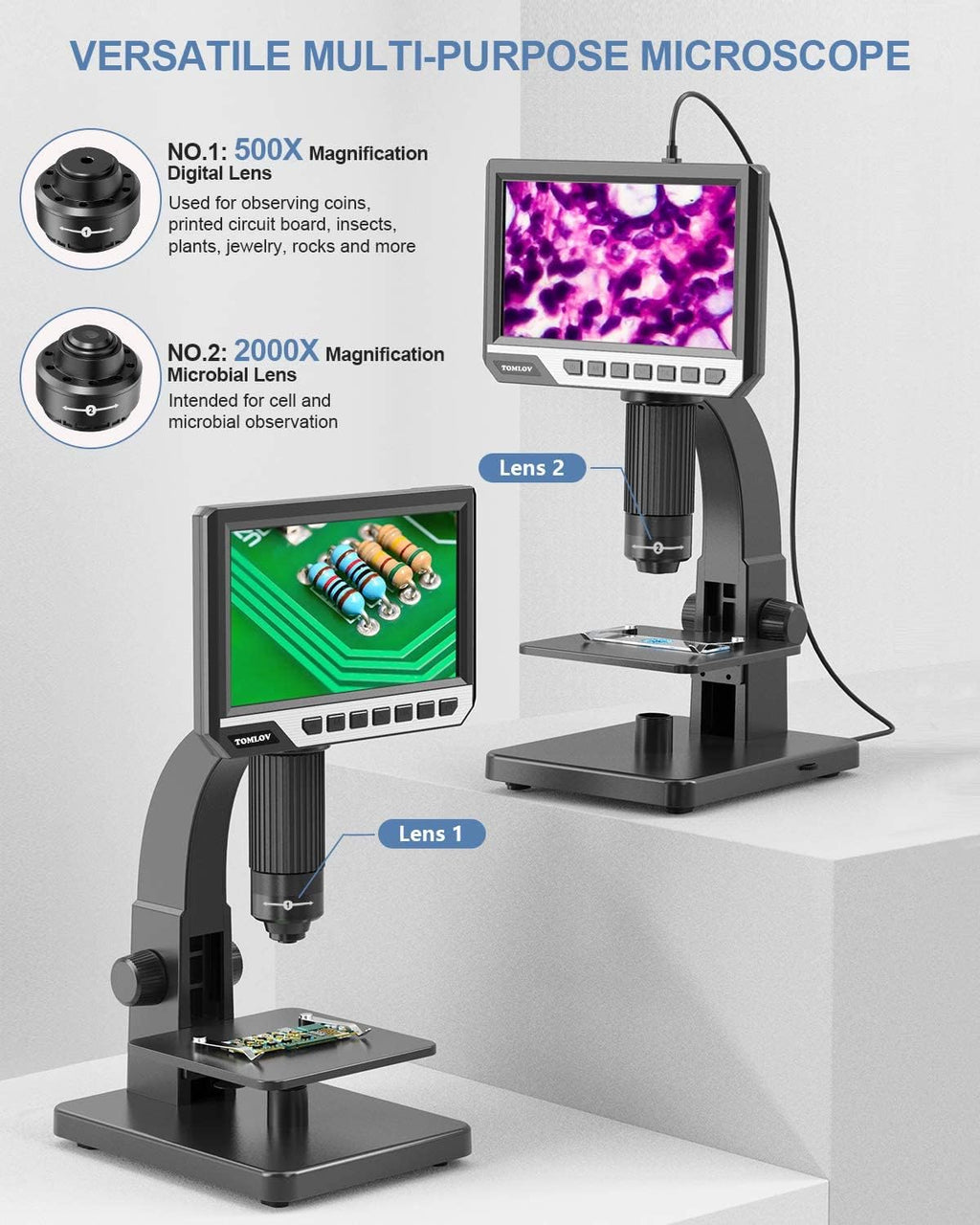 7'' IPS Display Digital Microscope with 2000X Dual Lens N253