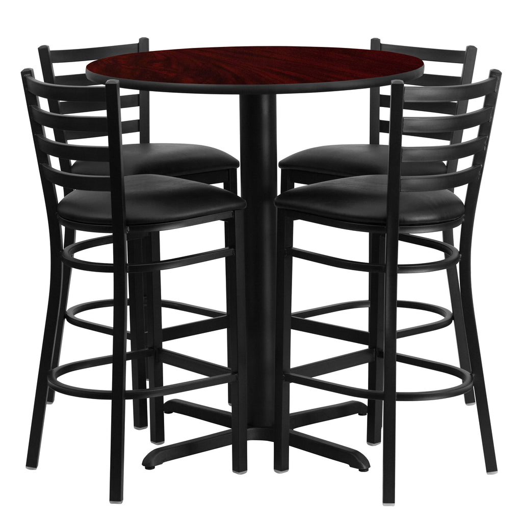 30&& Round Walnut Laminate Table Set with 4 Ladder Back Metal Barstools Q301