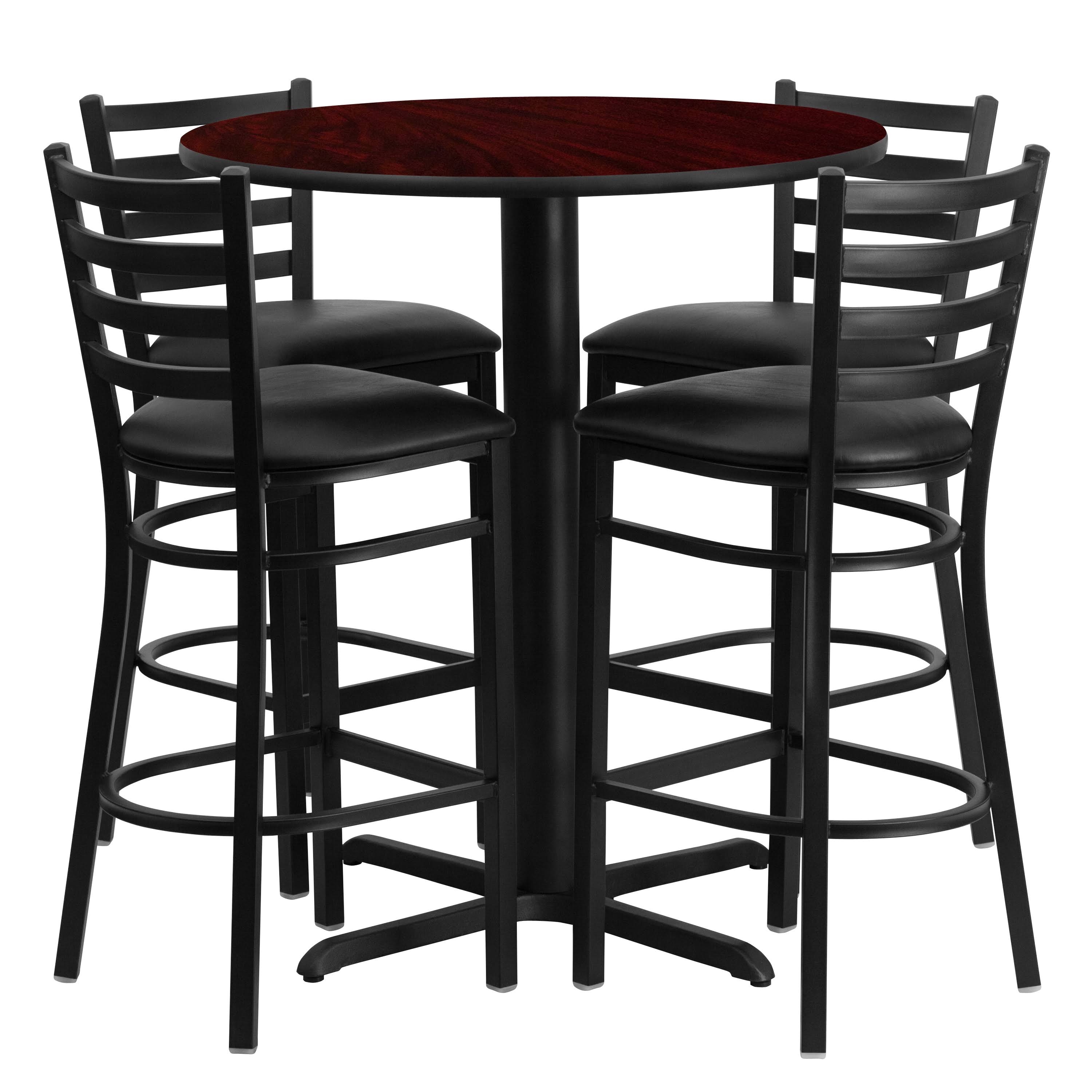 30&& Round Walnut Laminate Table Set with 4 Ladder Back Metal Barstools Q301