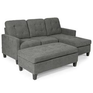 Grey Linen Reversible Sectional Sofa Couch with Ottoman J9120