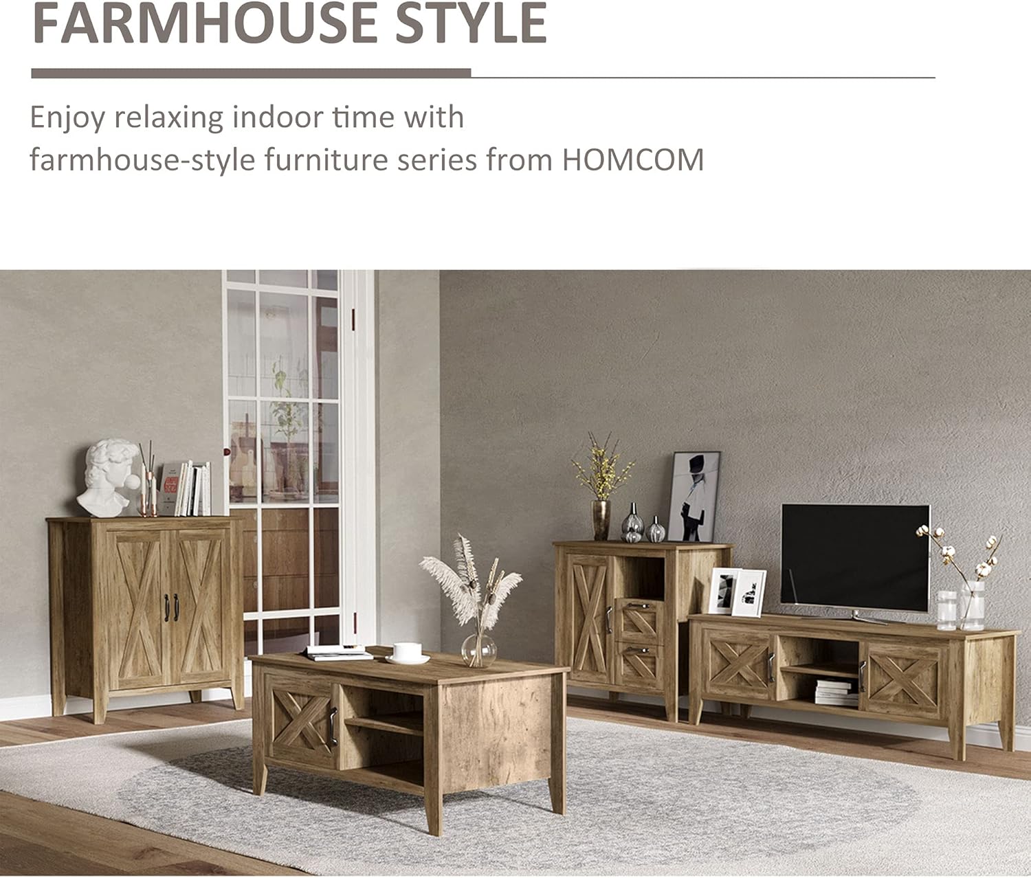Rustic Oak Finish Sideboard Accent Storage Cabinet with Double Barn Doors and Fixed Shelf E595