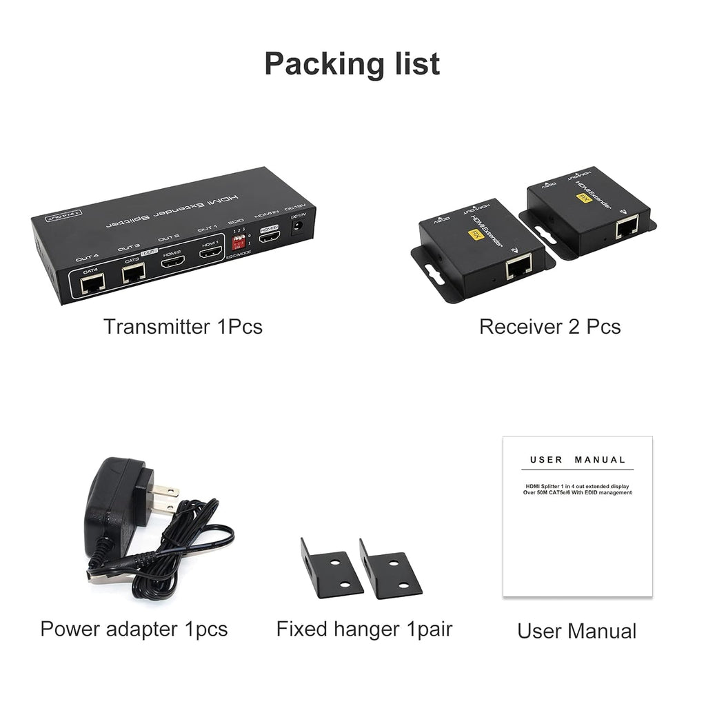HDMI Extender Splitter 1 in 2 Out Over Cat5e/6/7 with Two Loop-Out Local Display, 1080p, Pack of 2 H42777