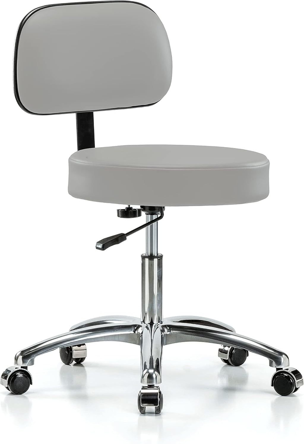 Chrome Rolling Height Adjustable Exam Stool with Back and Footring (Cinder Fabric) A24687