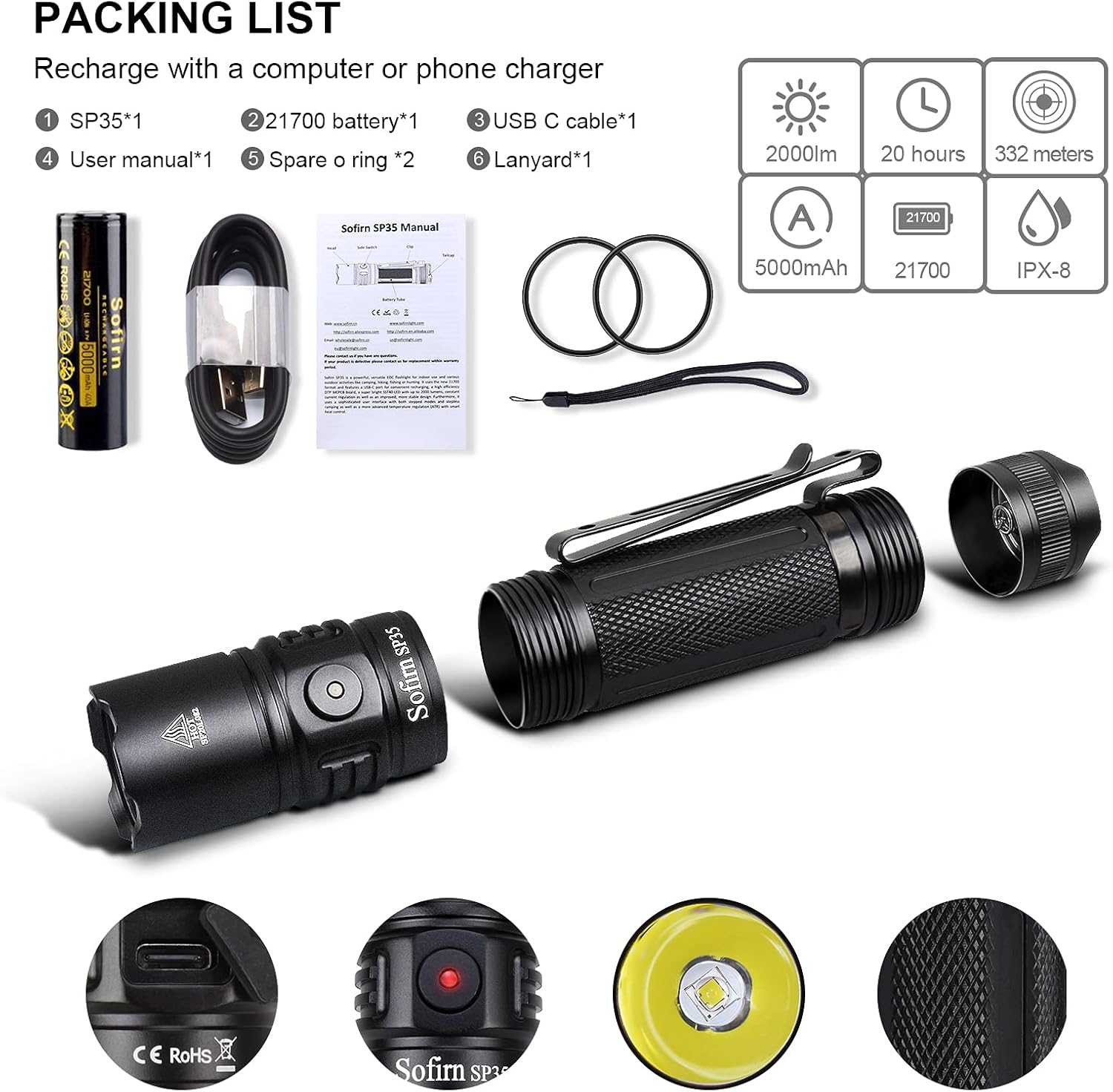 Rechargeable LED Flashlight 2000 Lumen with ATR, USB-A to USB-C Cable R4230