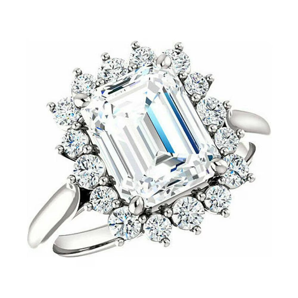 Octagon and Round Cut Moissanite Engagement Ring 18K White Gold Plated O77697