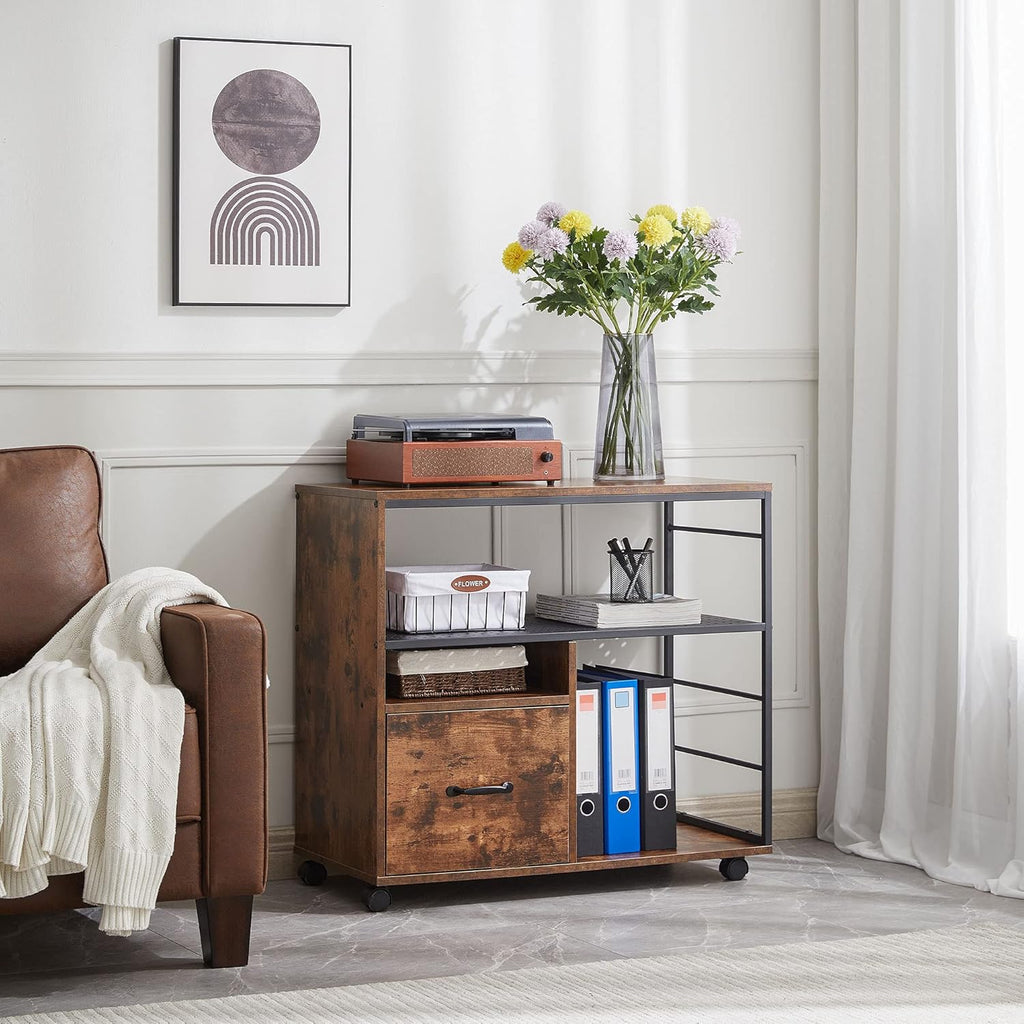 Industrial File Cabinet with Drawer, Printer Stand with Open Storage Shelves, Filing Cabinet with Wheels, Rustic Brown M750