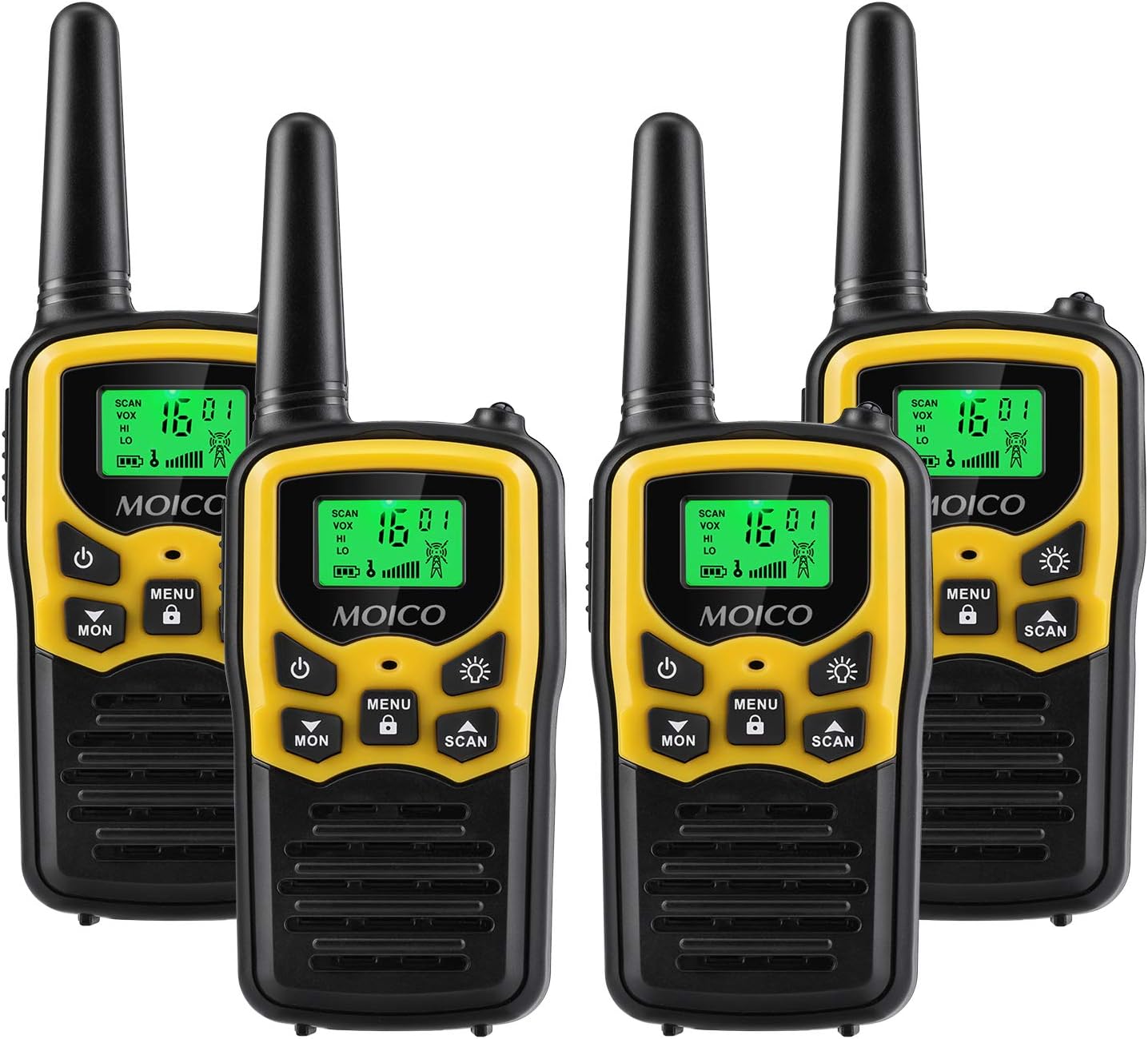 Yellow 4 Pack Walkie Talkies with 22 FRS Channels X402496