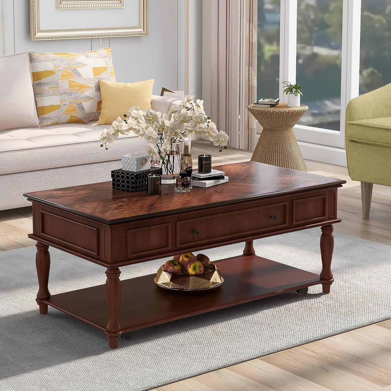 Retro Cocktail Table Coffee, Solid Wood Coffee Table with Caster Wheels and Drawer, 1 Shelf, Wood Movable Rectangle Coffee Table D855250