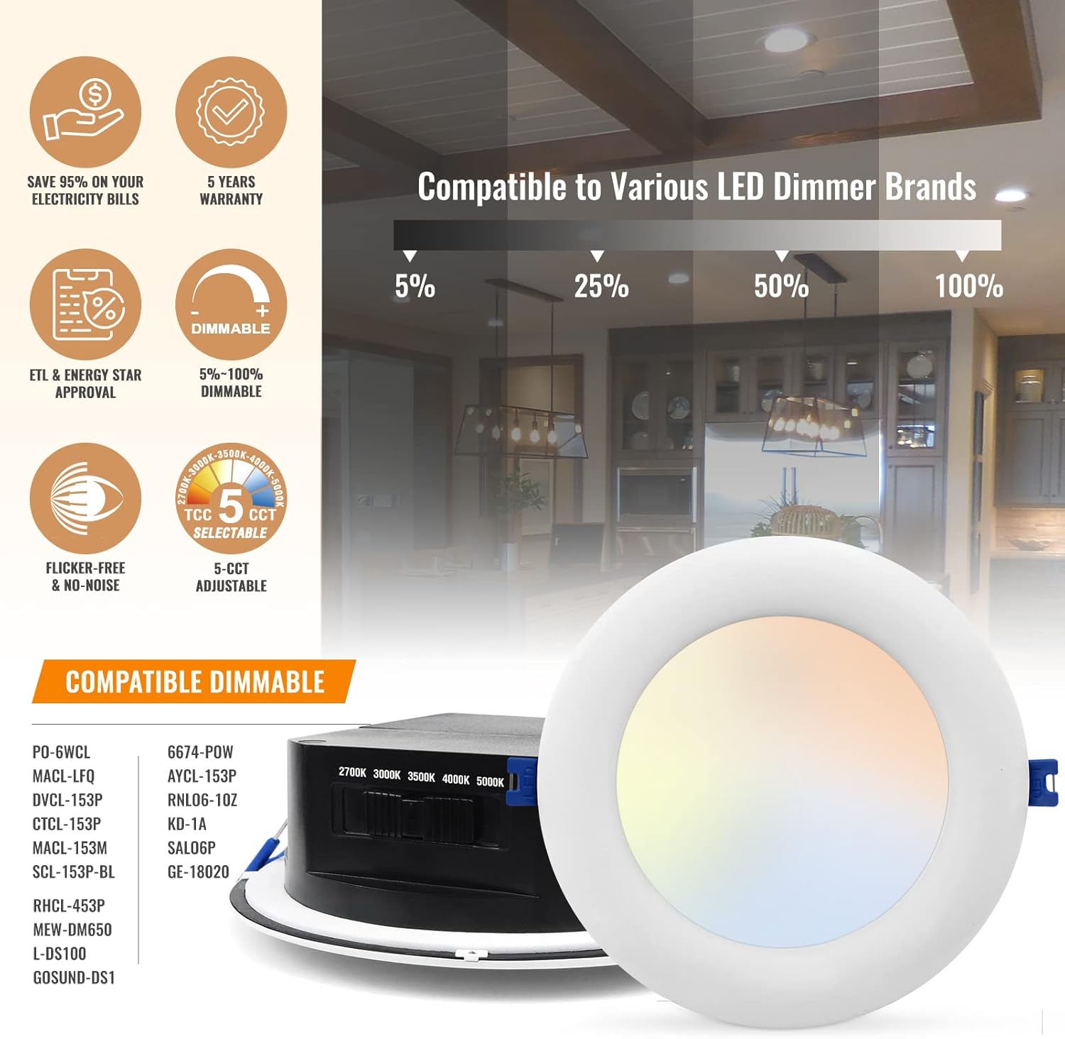 12 Pack 6 Inch 5CCT Dimmable LED Recessed Light with Integrated Junction Box, Canless Downlight L822161
