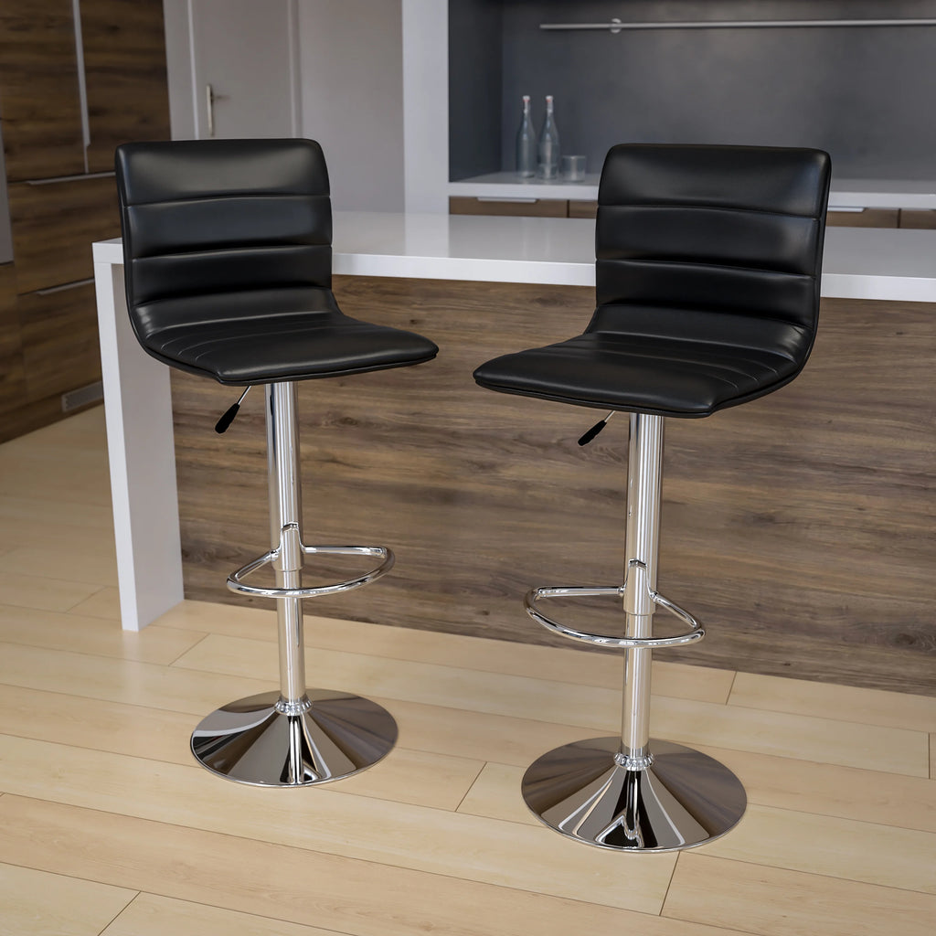 2 Pack Black Vinyl Adjustable Bar Stool with Back, Counter Height Swivel Stool J57289