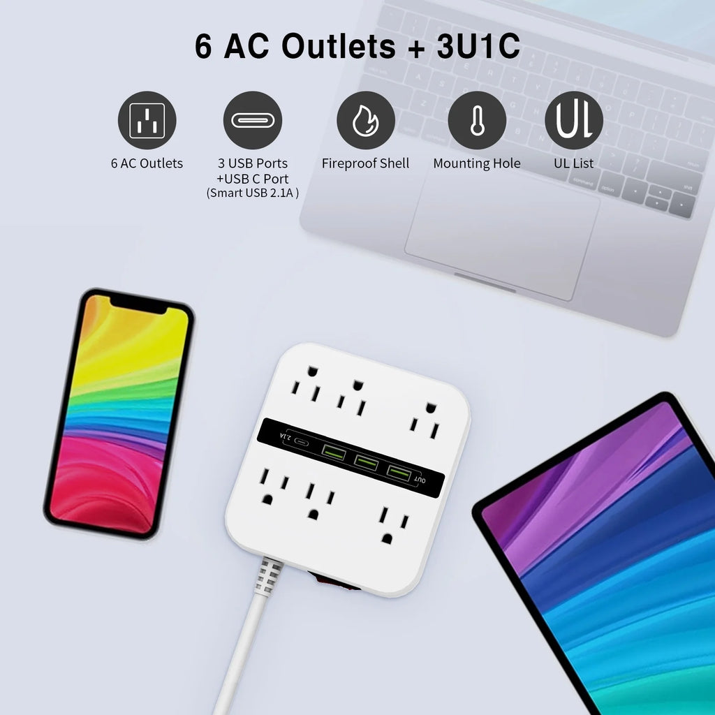 6 Outlet Surge Protector Power Strip with 4 USB Ports and 6.6ft White Flat Extension Cord, 2 Pack M235747